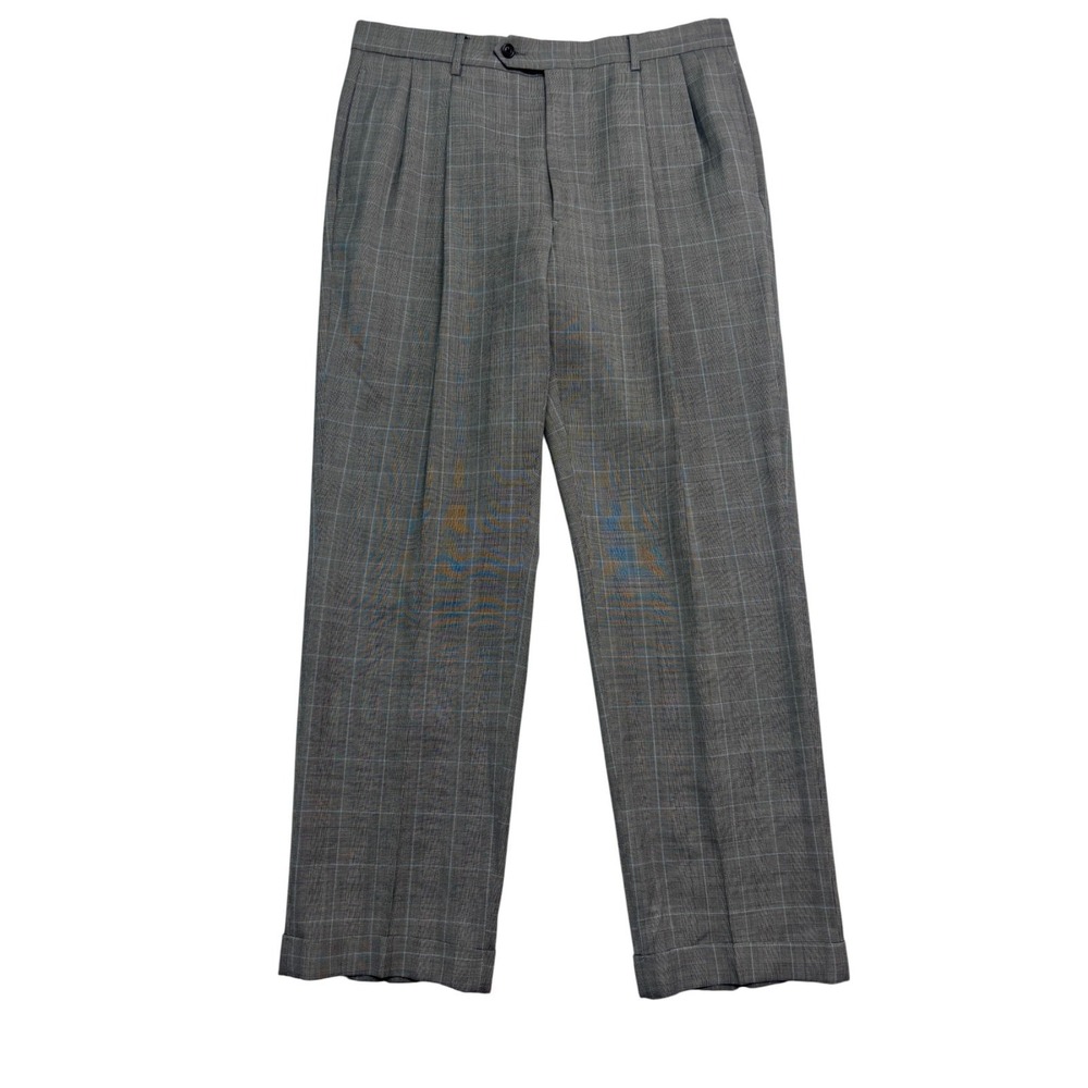 Tommy Hilfiger 36x32‎ Gray Plaid Windowpane Dress Pants Trousers Wool Pleated